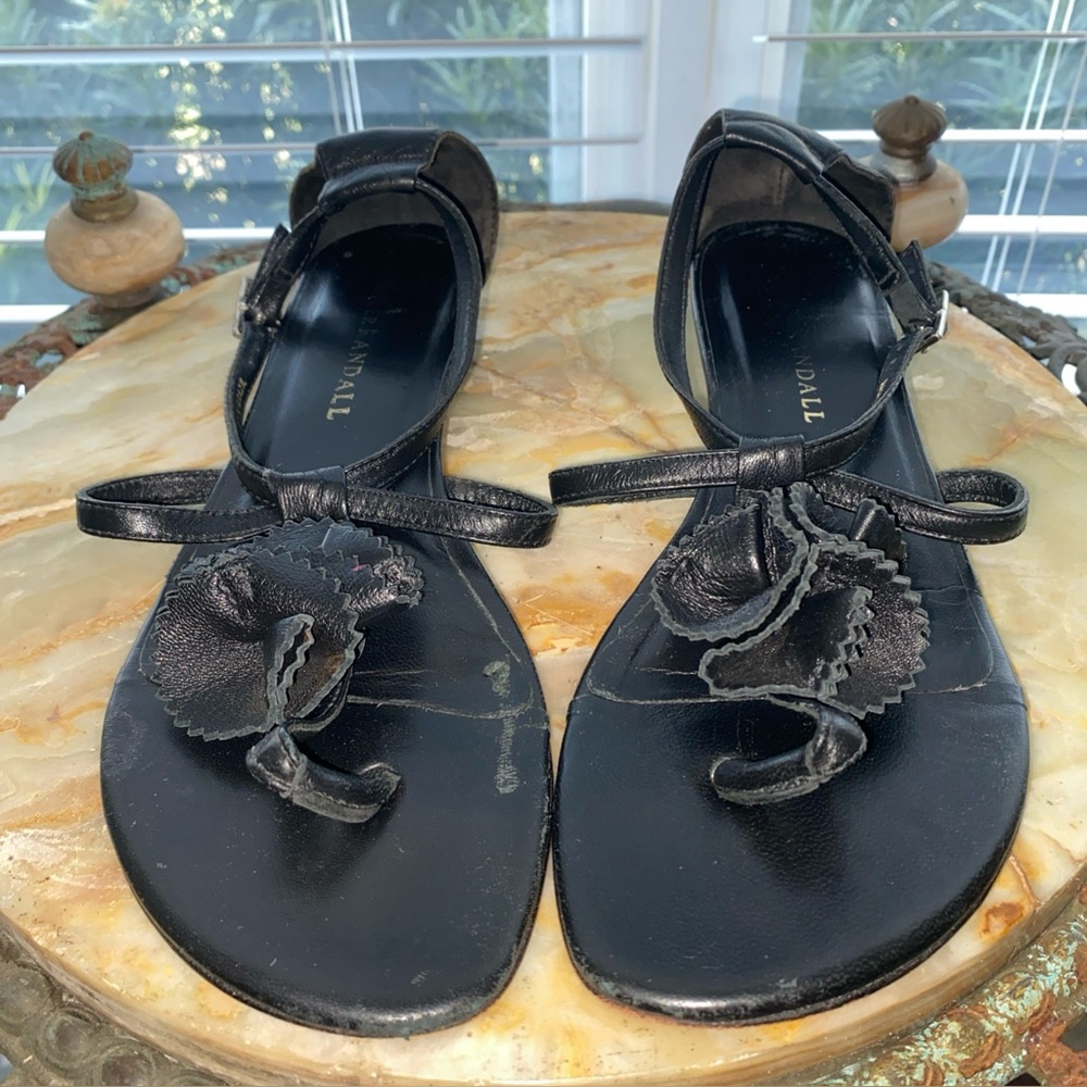 Loeffler Randall Black Leather floral applique Thong Sandals Size 6.5